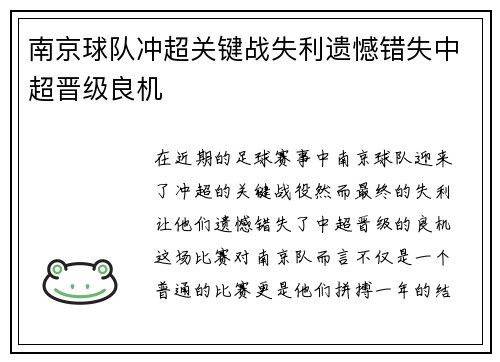 南京球队冲超关键战失利遗憾错失中超晋级良机